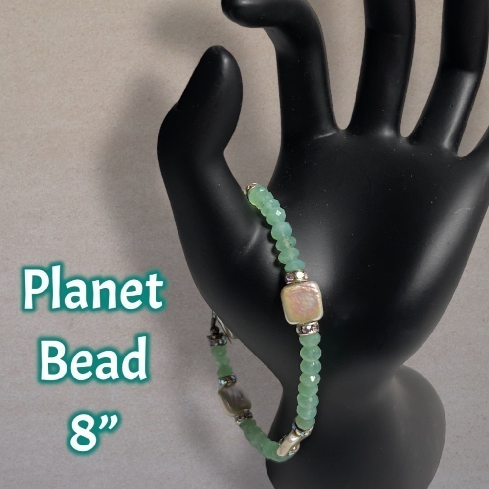 💍 Planet Bead Aqua Faux Pearl Spring Summer Bracelet 8”